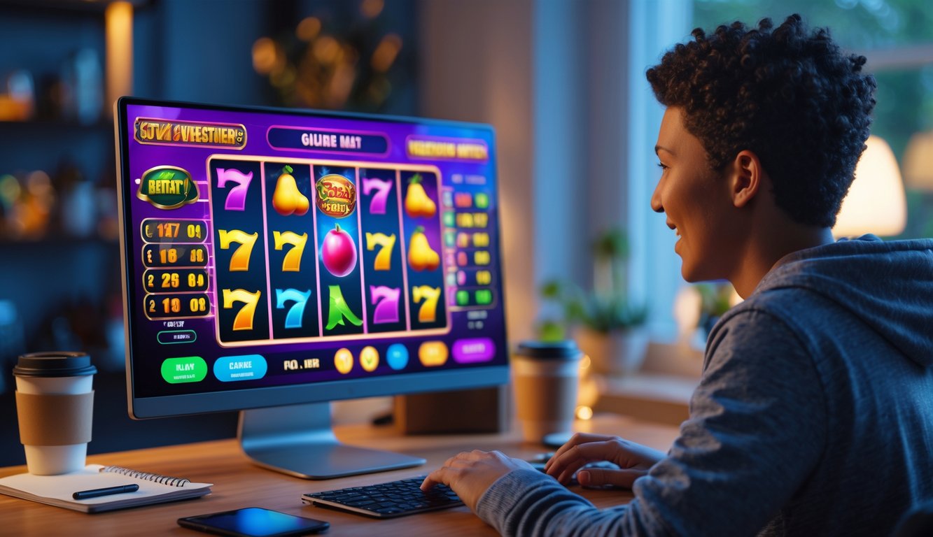 Seseorang sedang bermain permainan slot online di komputer dengan latar ruang rumah yang nyaman.