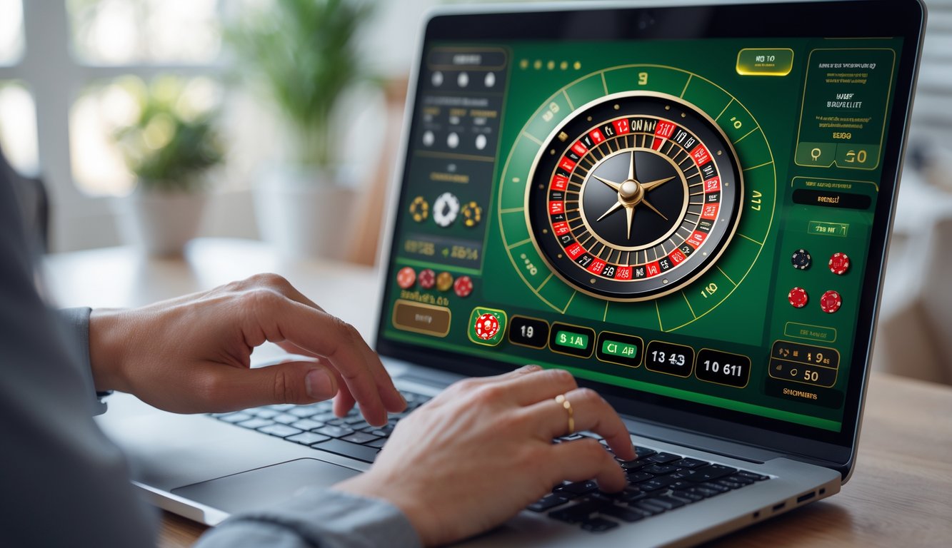 Seseorang menggunakan komputer untuk bermain roulette online dengan tampilan roda roulette digital dan opsi taruhan yang jelas.
