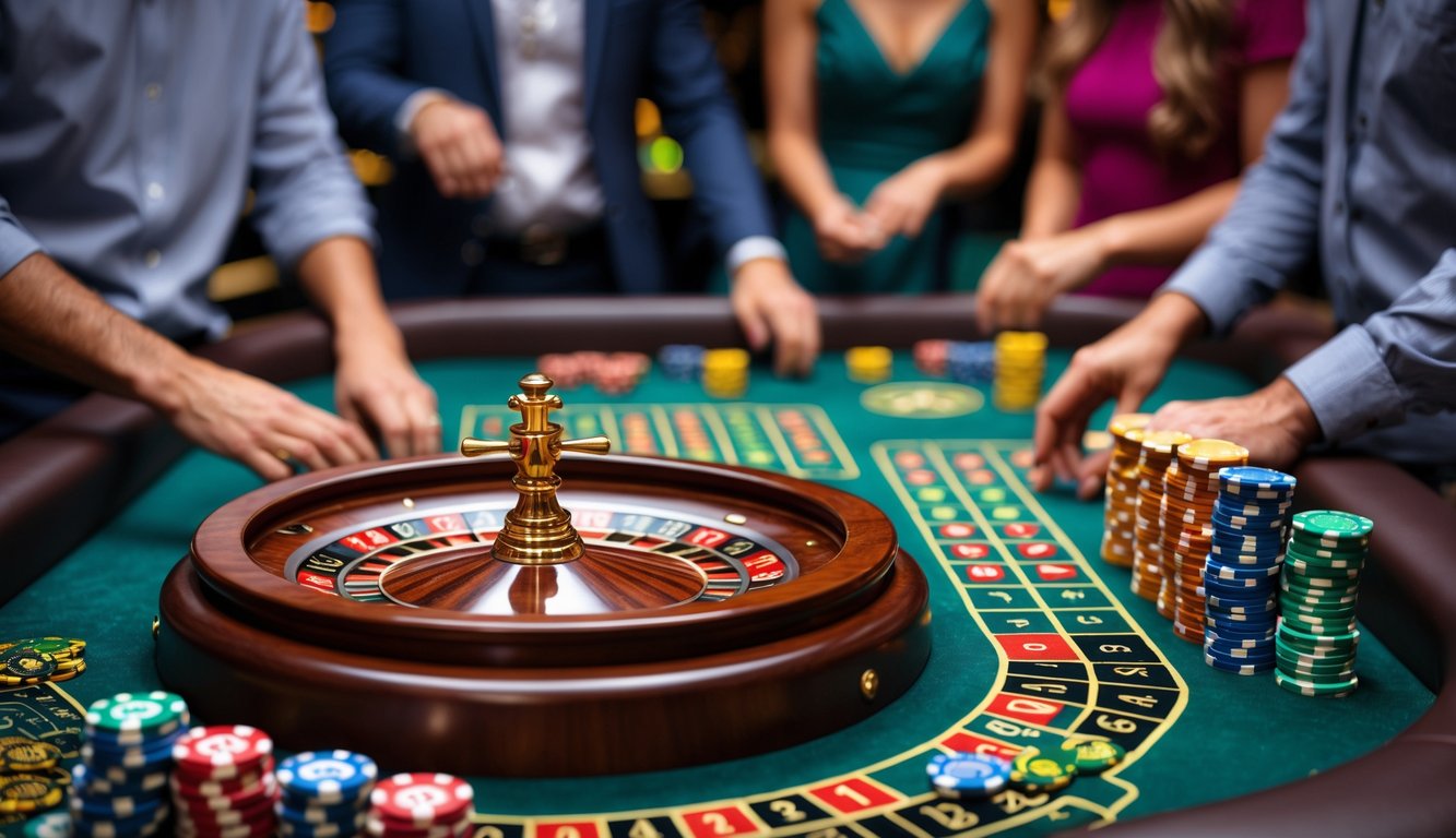 Orang-orang mengelilingi meja roulette dengan roda roulette berputar dan tumpukan chip taruhan di atas meja hijau.
