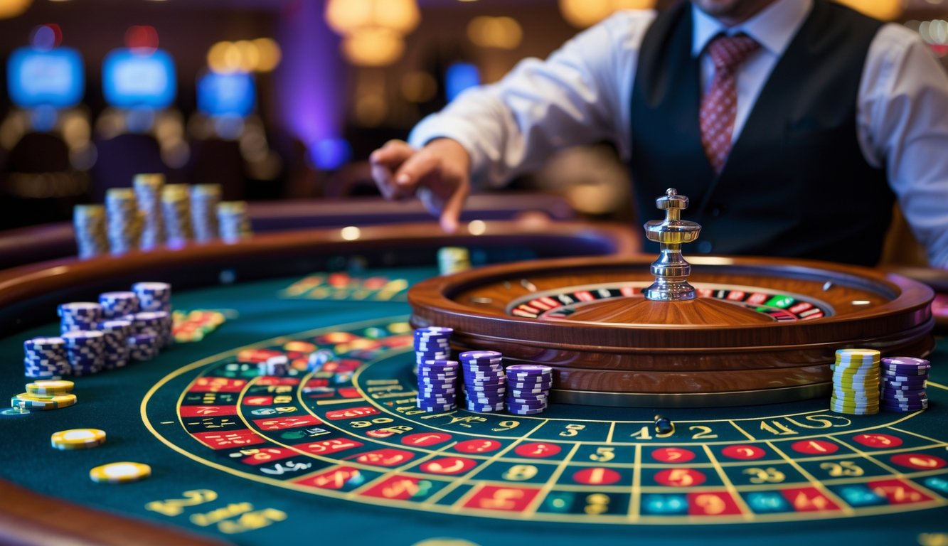 Seorang dealer live yang ramah sedang memutar roda roulette di meja kasino dengan chip dan tata letak taruhan di sekitarnya.