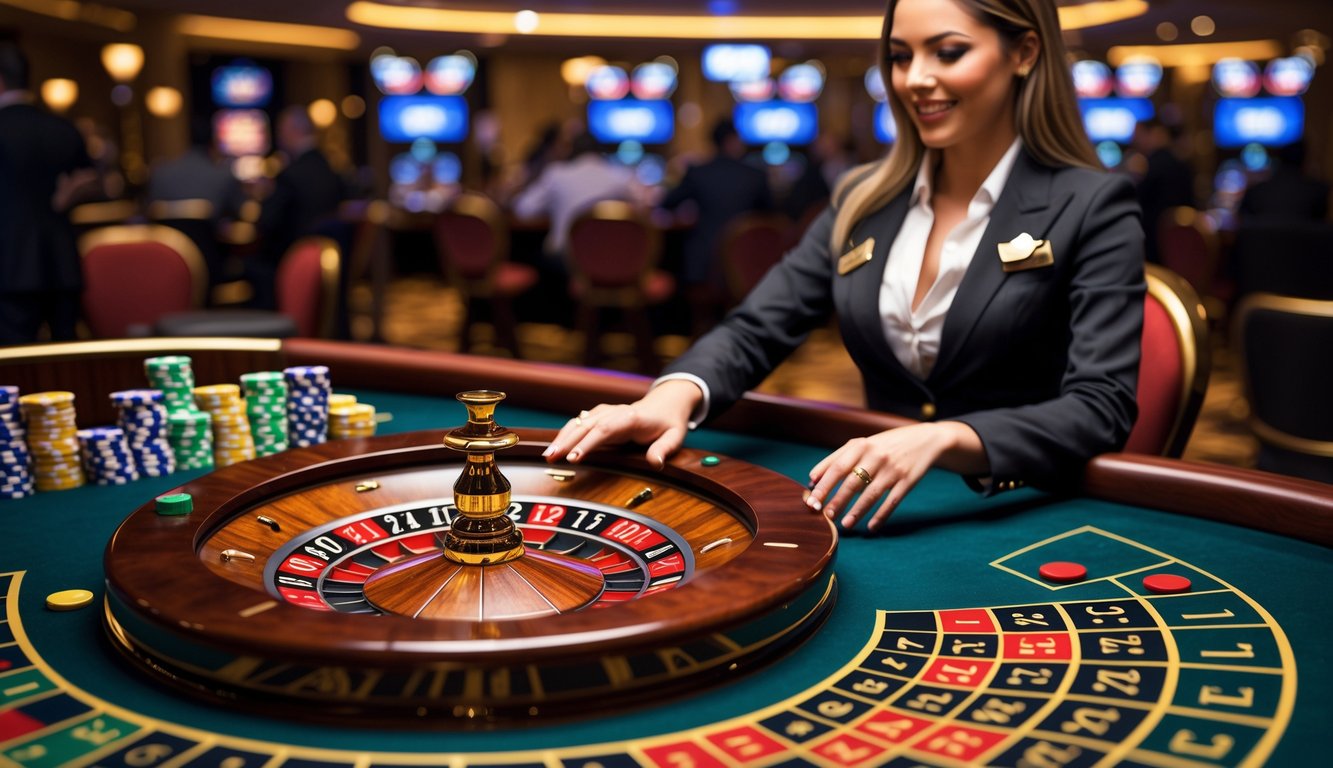 Seorang dealer wanita sedang memutar roda roulette di meja kasino dengan chip warna-warni, dikelilingi oleh suasana kasino yang mewah dan pencahayaan hangat.