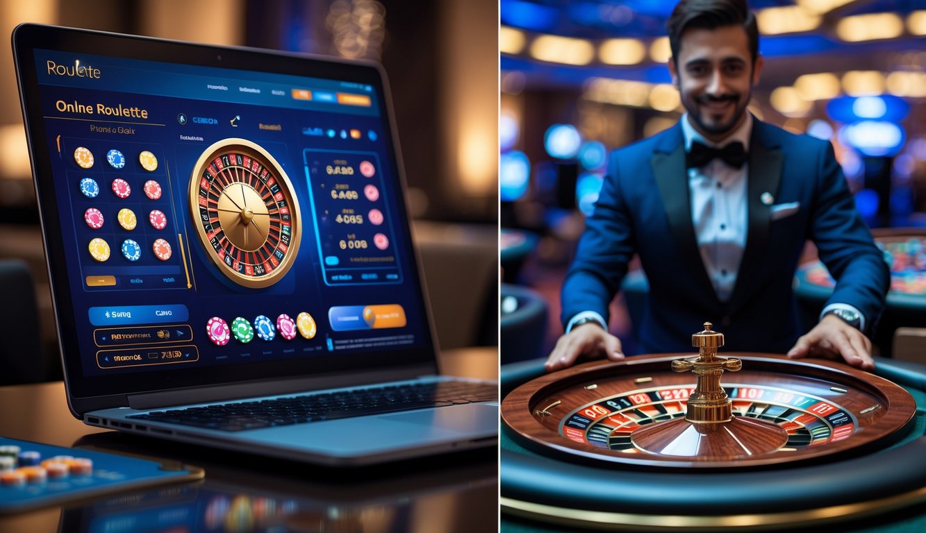 Gambar yang menunjukkan perbedaan antara roulette online di layar komputer dan roulette dengan dealer langsung di meja kasino.