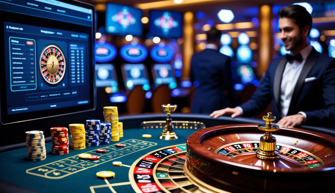 Meja roulette dengan roda berputar, chip warna-warni, layar permainan roulette online, dan dealer langsung melayani pemain di kasino.