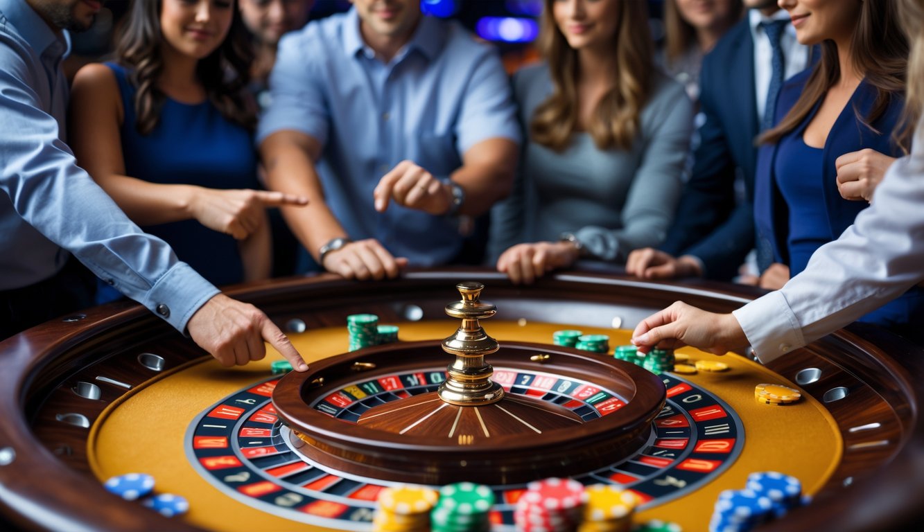 Meja roulette dengan roda roulette dan chip warna-warni, beberapa orang sedang berdiskusi di sekitarnya.