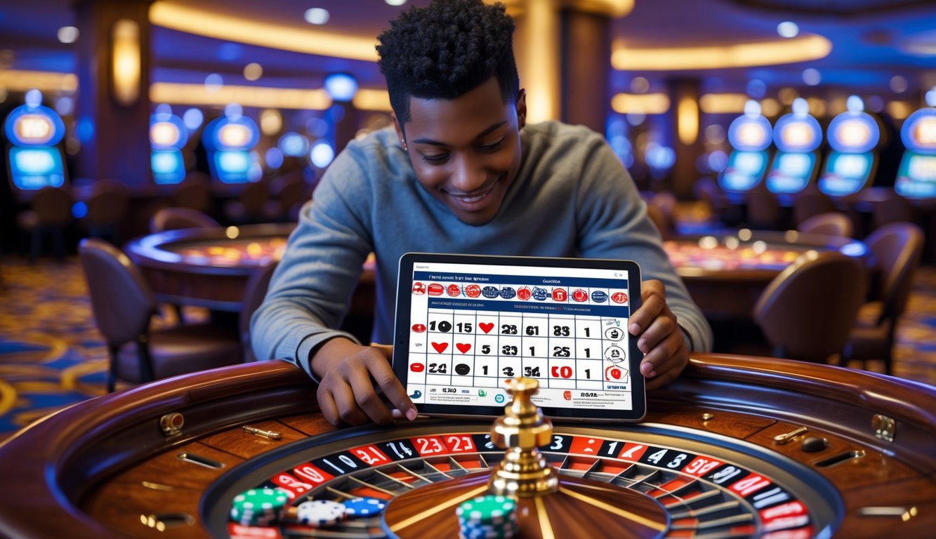 Seorang pemuda sedang belajar strategi taruhan roulette dengan menggunakan tablet di meja roulette di dalam kasino.