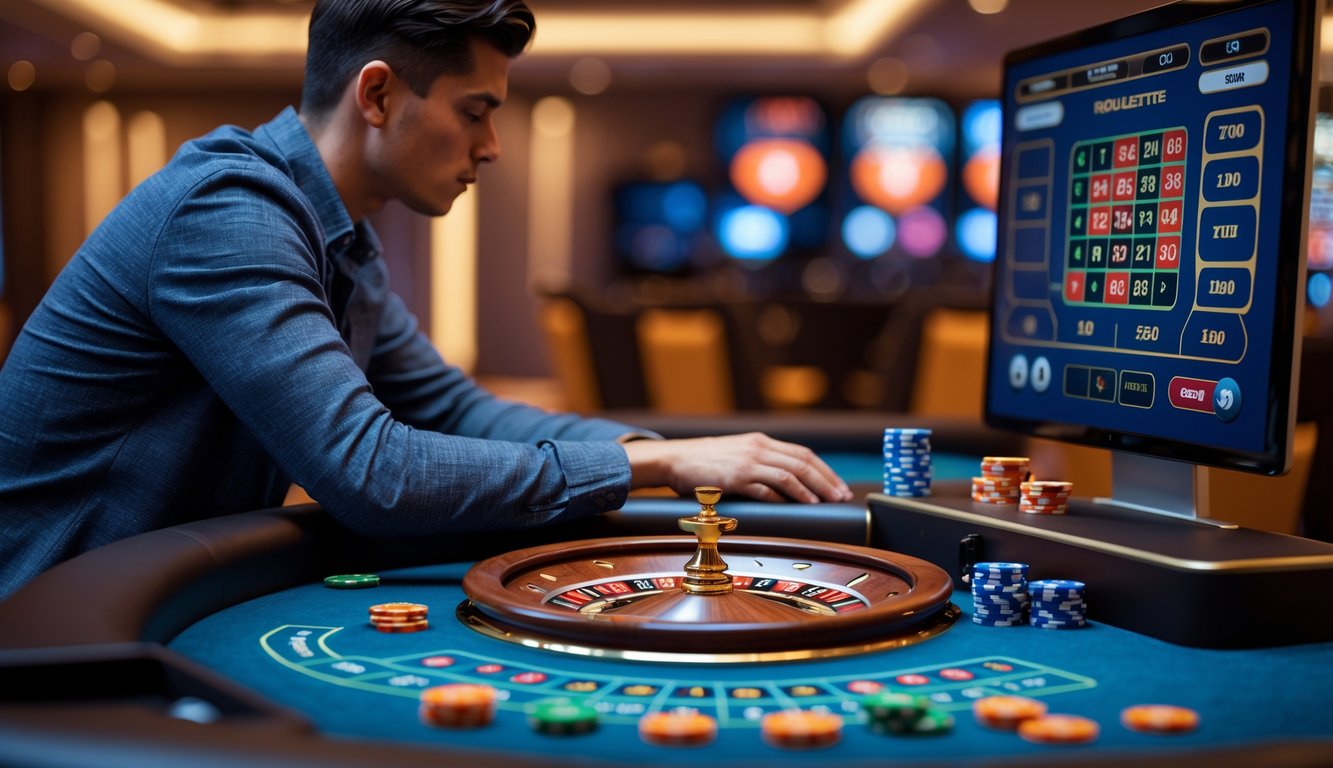 Seseorang sedang bermain roulette di meja kasino dengan roda roulette dan chip di depannya.