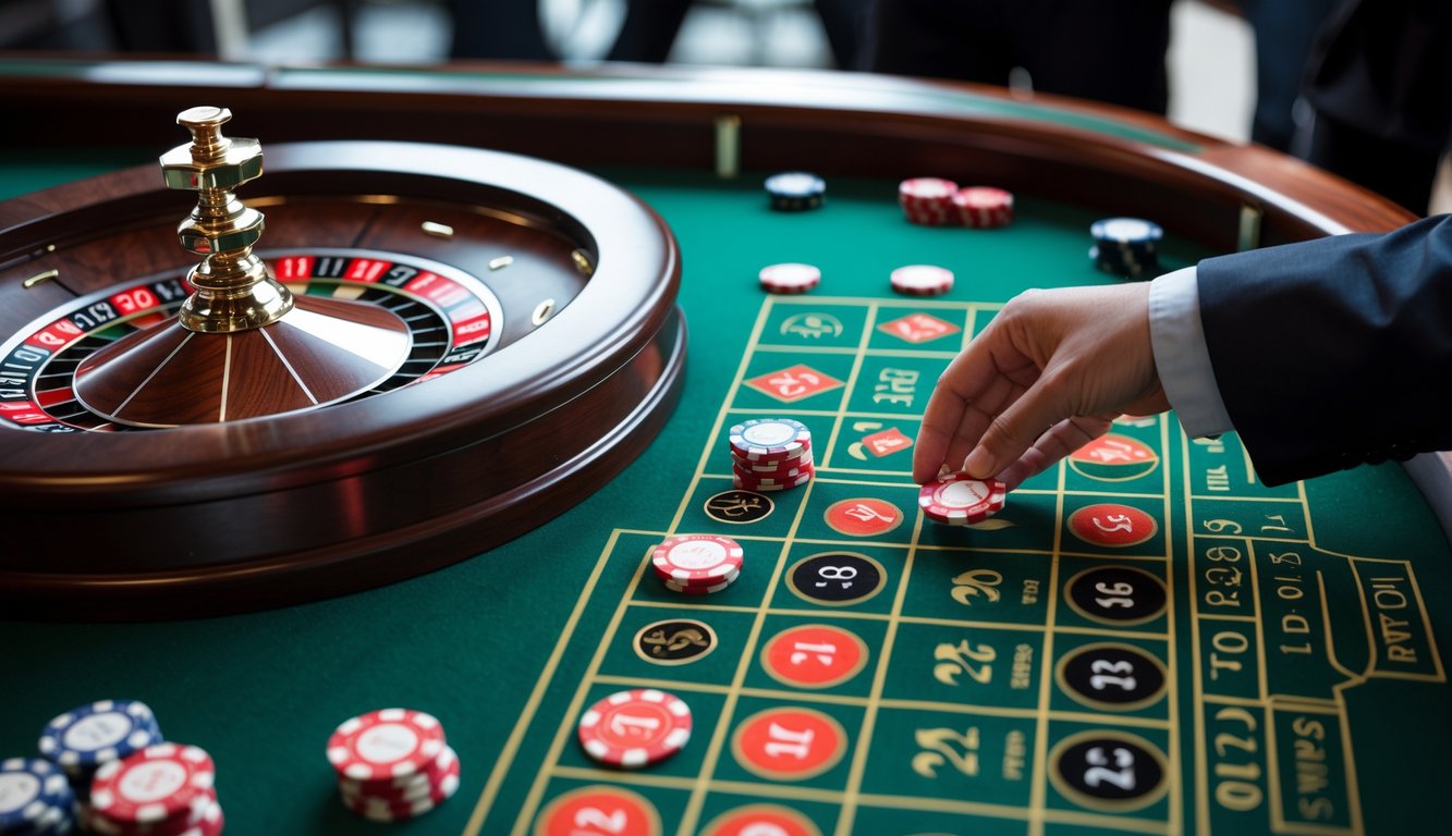 Meja roulette dengan roda roulette, chip taruhan, dan tangan seseorang yang sedang meletakkan chip untuk latihan permainan.