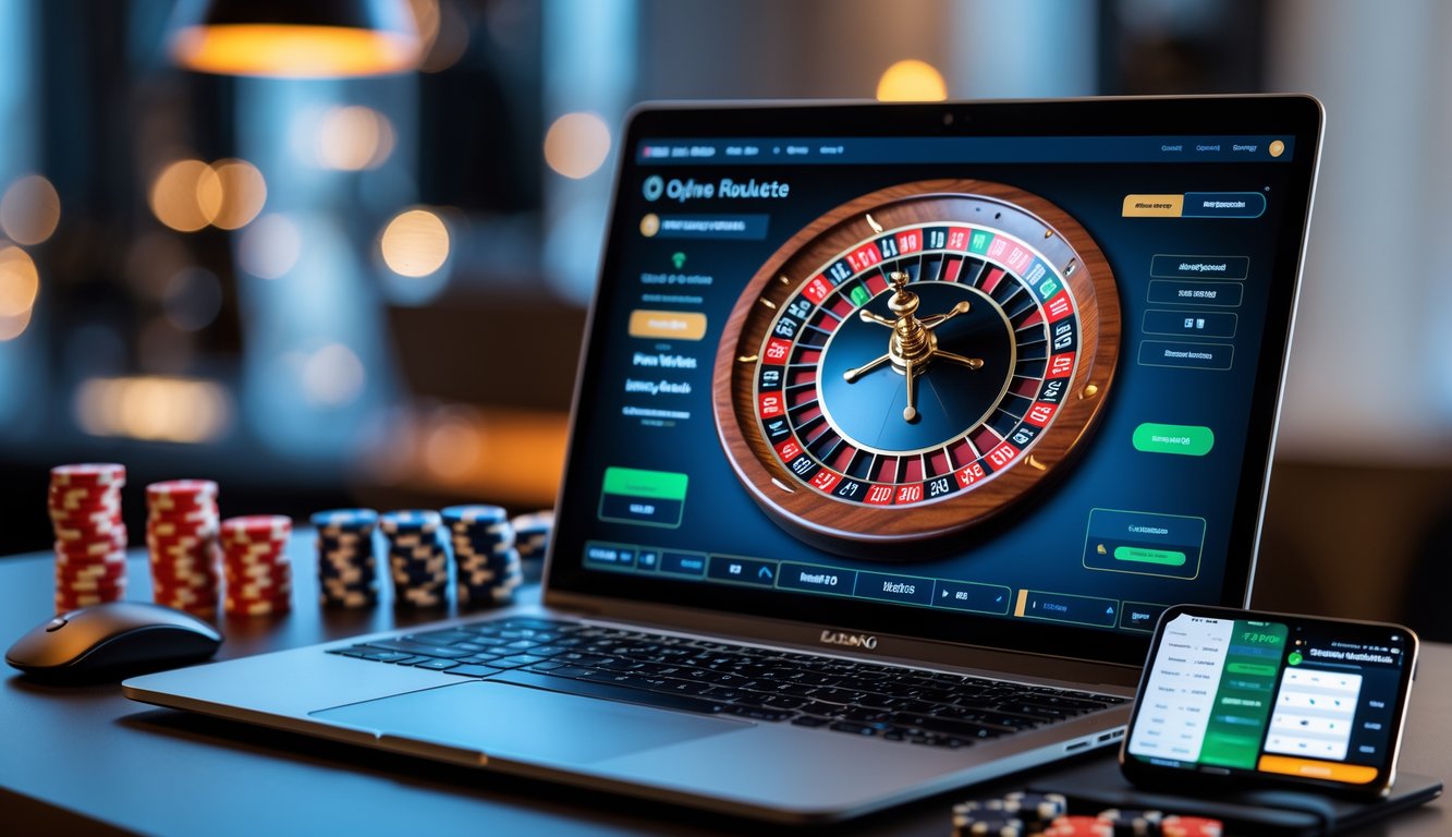Meja kerja dengan laptop yang menampilkan permainan roulette online, tumpukan chip poker, dan ponsel dengan antarmuka taruhan roulette.