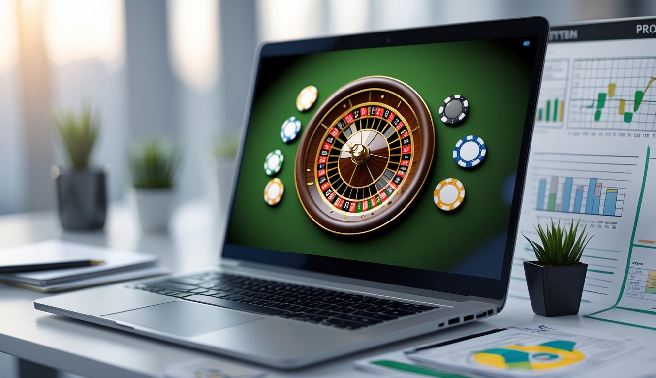 Sebuah meja kerja modern dengan layar komputer menampilkan permainan roulette online dan beberapa grafik serta catatan di sekitarnya.
