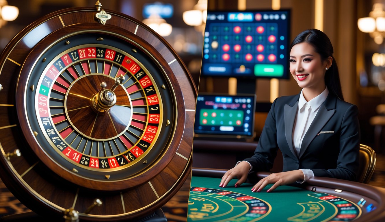 Meja roulette klasik dan meja roulette dengan dealer wanita yang sedang berinteraksi di lingkungan kasino modern.