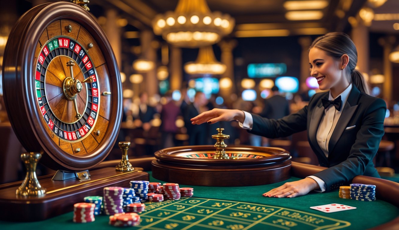 Meja roulette dengan roda roulette klasik, chip kasino, dan dealer live modern berbusana rapi di latar belakang kasino.