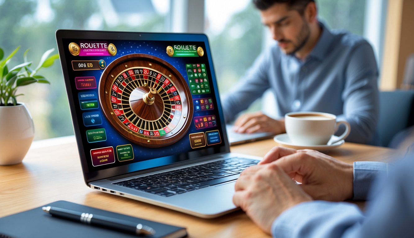 Seseorang sedang menggunakan laptop di meja kerja dengan tampilan roda roulette di layar, dikelilingi oleh alat tulis dan kopi.