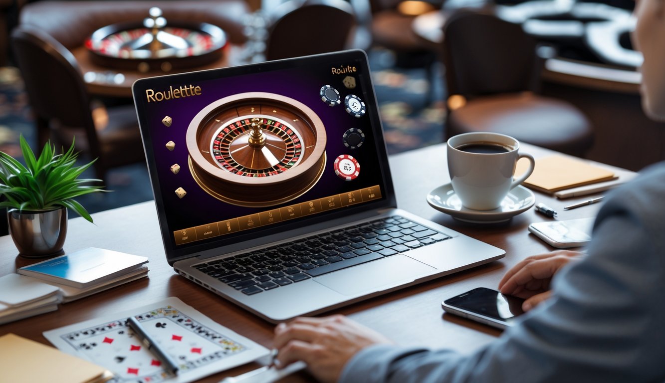 Seorang individu belajar menggunakan laptop dengan simulasi roda roulette di layar, di meja dengan catatan dan kopi.