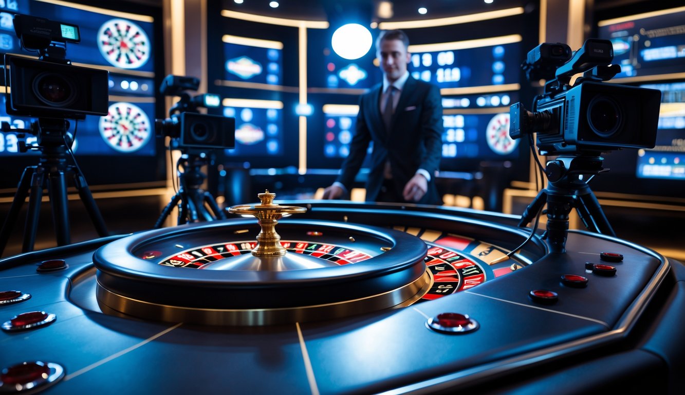 Seorang dealer profesional sedang memutar roda roulette di meja kasino dengan kamera dan peralatan pencahayaan mengelilingi untuk siaran langsung.