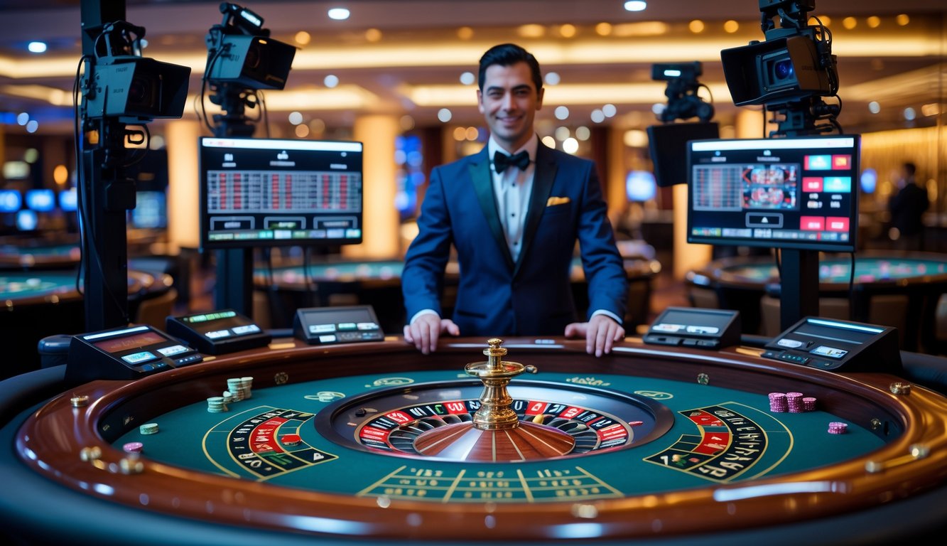 Seorang dealer profesional sedang menjalankan permainan roulette live dengan peralatan streaming teknologi tinggi di kasino modern.