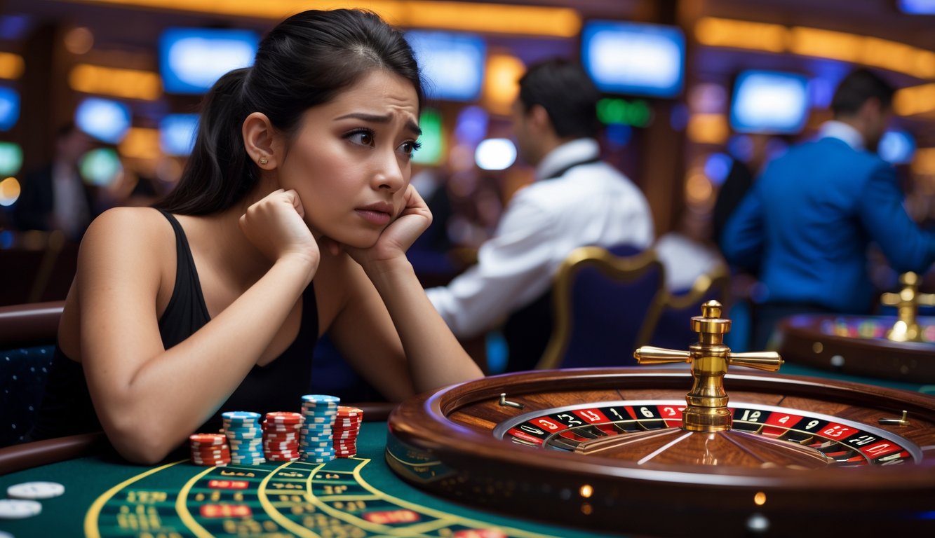 Seorang pemain muda sedang memperhatikan roda roulette yang berputar di meja kasino dengan tumpukan chip di sekitar.