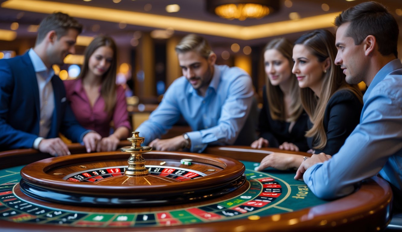 Meja roulette di kasino dengan pemain yang sedang memperhatikan permainan dan bola putih berputar di roda roulette.
