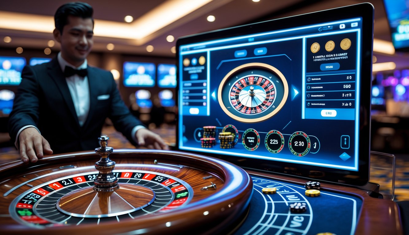 Seorang dealer kasino sedang memutar roda roulette di meja, dengan tampilan antarmuka digital yang menunjukkan elemen taruhan dan statistik permainan secara online.