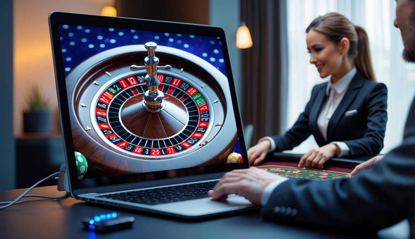 Seorang dealer langsung sedang mengawasi permainan roulette online yang ditampilkan di layar komputer di dalam ruangan modern.