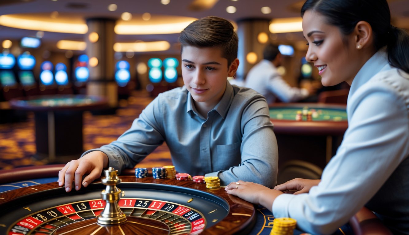 Seorang pemula sedang belajar bermain roulette di meja kasino dengan dealer yang menjelaskan permainan.