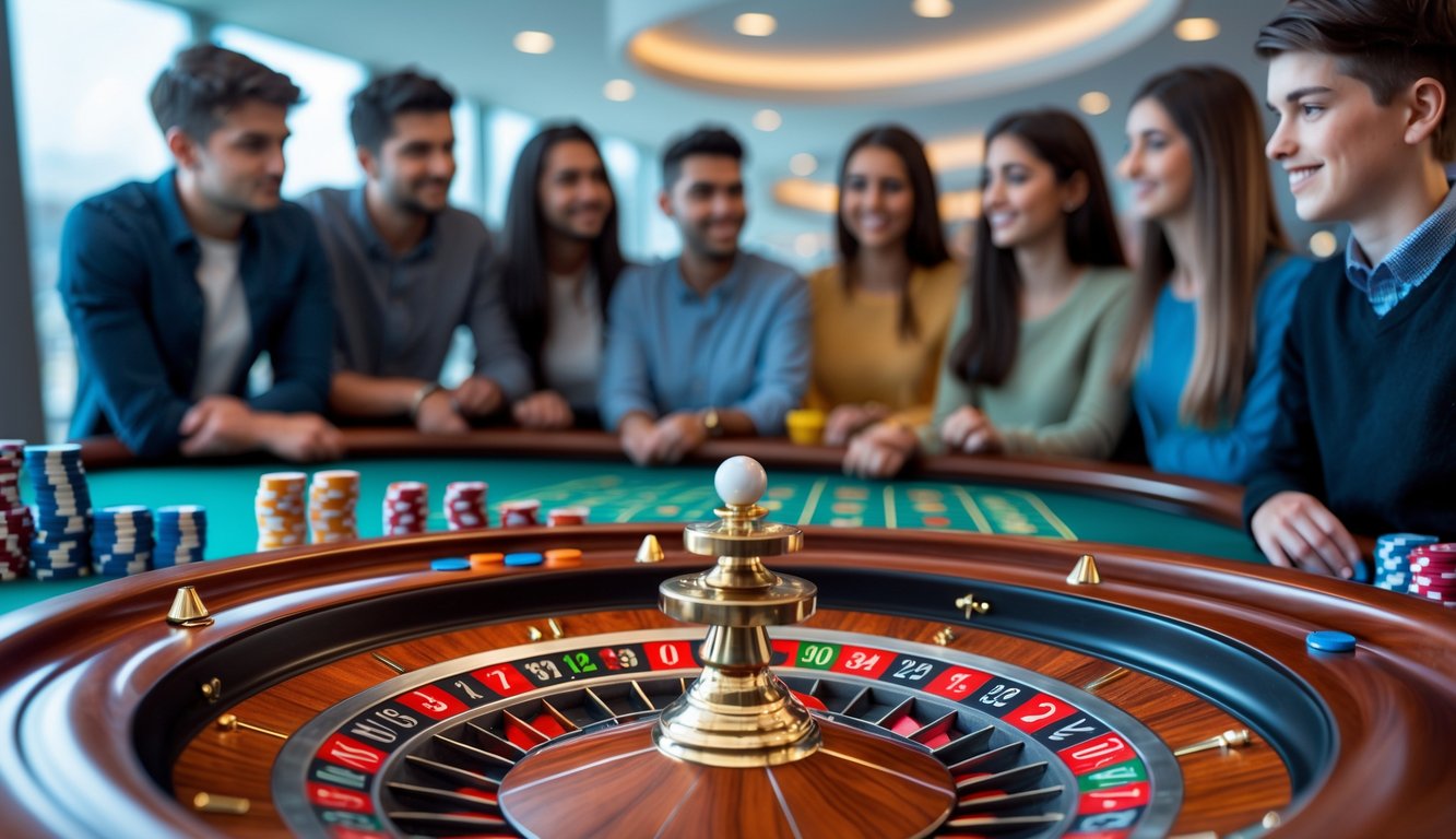 Orang-orang yang sedang belajar permainan roulette dengan roda roulette dan chip taruhan di meja.