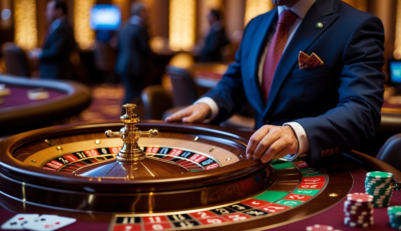 Seorang dealer live yang sedang memutar roda roulette di meja kasino dengan suasana mewah dan pencahayaan hangat.