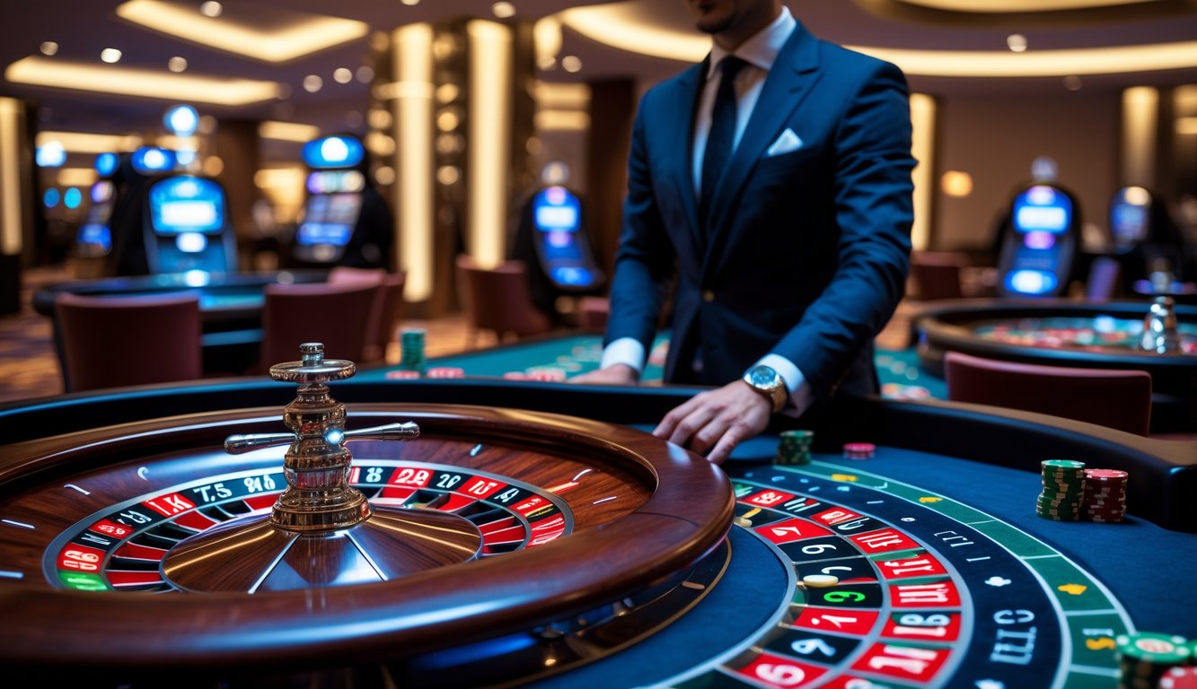 Seorang dealer profesional sedang memutar roda roulette di meja kasino dengan suasana mewah dan pencahayaan lembut.
