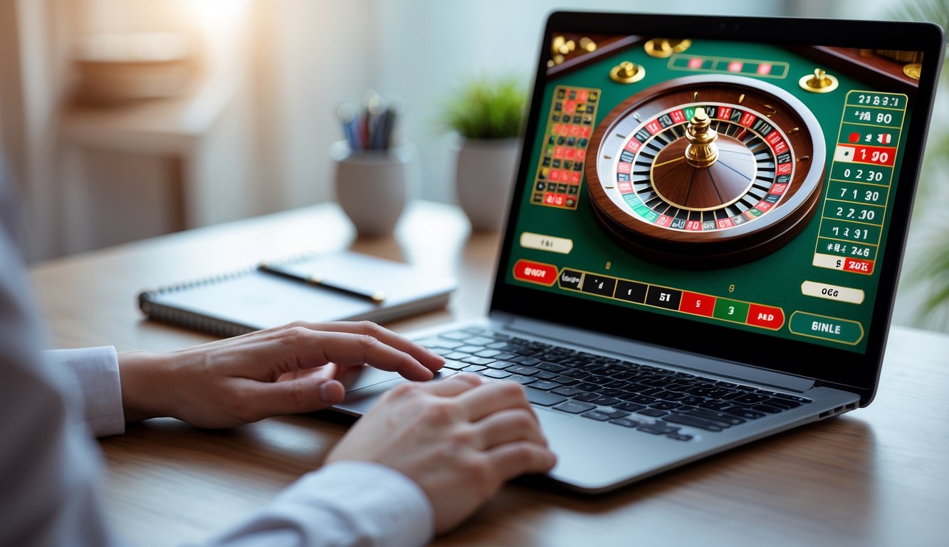 Seseorang menggunakan laptop dengan tampilan permainan roulette online di layar, berada di meja kerja dengan suasana tenang.