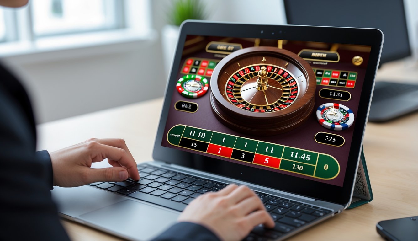 Seseorang menggunakan komputer untuk berlatih permainan roulette online dengan tampilan roda roulette digital di layar.