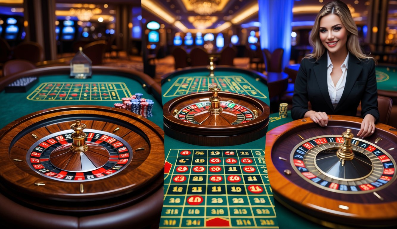 Tiga meja roulette berbeda di kasino dengan dealer wanita di meja live dealer, menampilkan jenis roulette Eropa, Amerika, dan live dealer.
