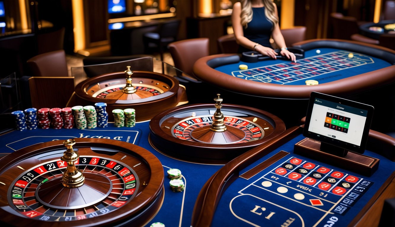 Tiga meja roulette berbeda di kasino dengan roda roulette Eropa, Amerika, dan dealer langsung, menampilkan suasana kasino yang mewah dan interaktif.