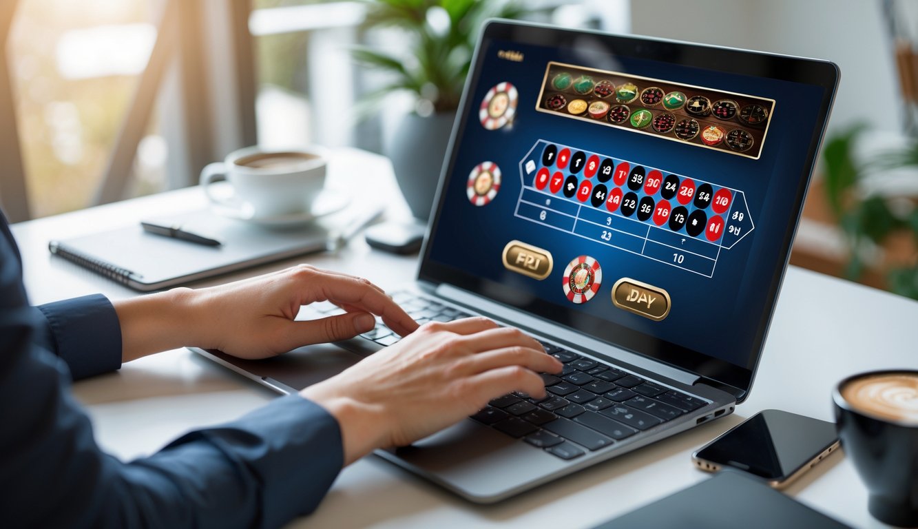 Seseorang menggunakan laptop yang menampilkan permainan roulette online di meja kerja yang rapi dengan cangkir kopi dan smartphone di dekatnya.