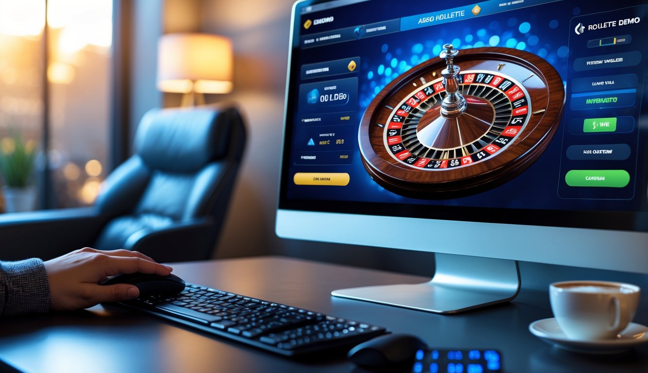 Seorang pengguna sedang berinteraksi dengan komputer yang menampilkan roda roulette digital di meja kerja yang nyaman dan teratur.