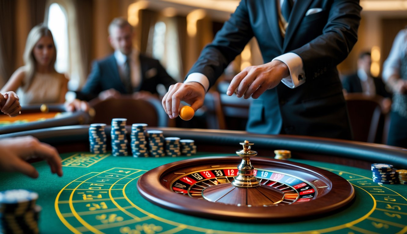 Seorang dealer sedang memutar roda roulette di meja kasino dengan chip taruhan di sekitar.