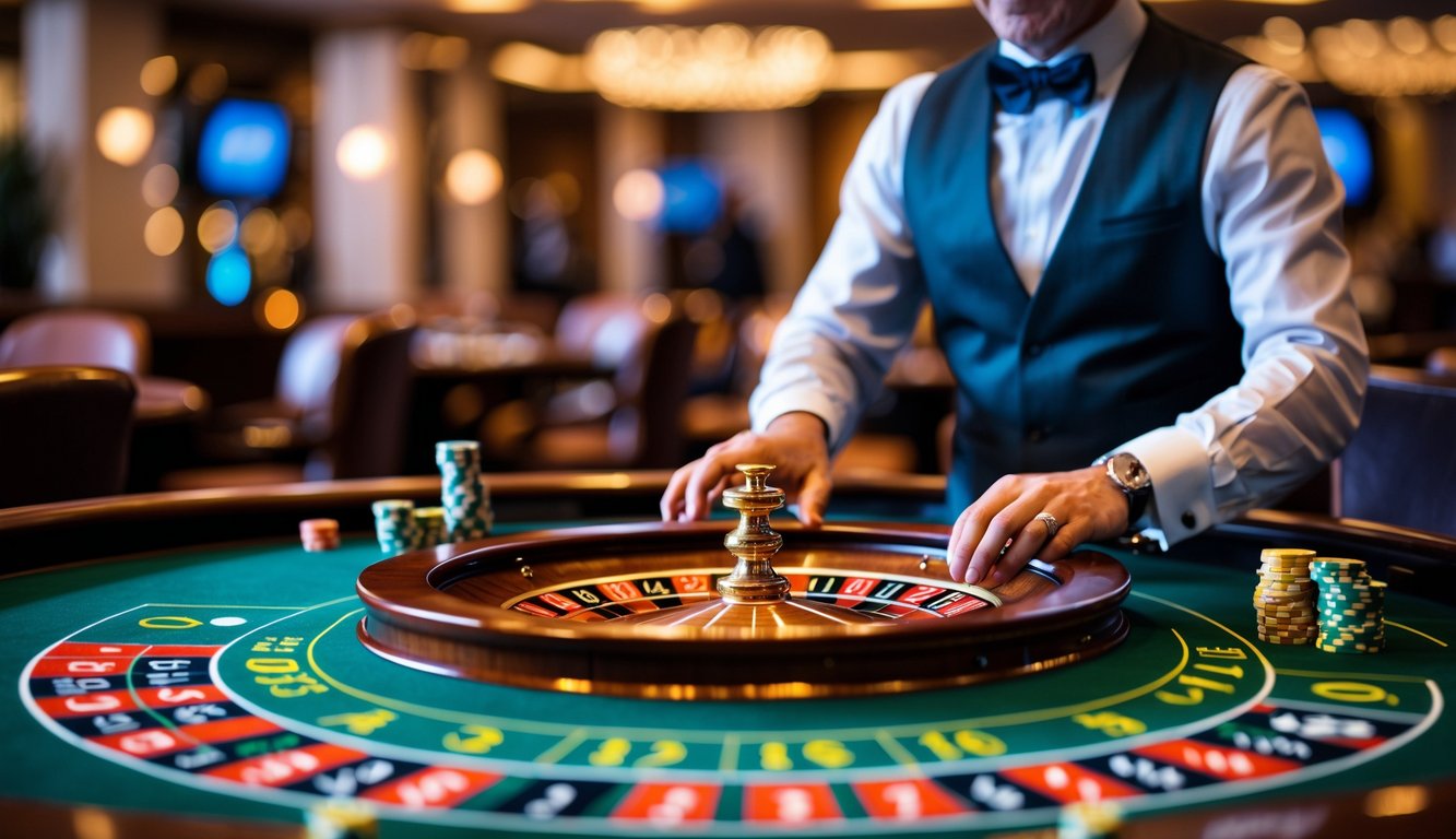 Seorang dealer profesional sedang mengelola permainan roulette live di meja kasino dengan roda roulette dan chip taruhan terlihat jelas.