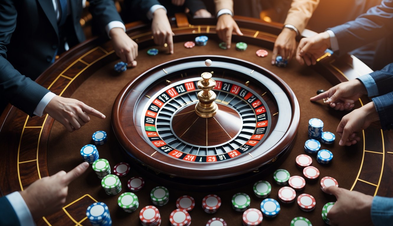 Meja roulette kasino dengan roda roulette berputar dan beberapa orang sedang memasang taruhan.