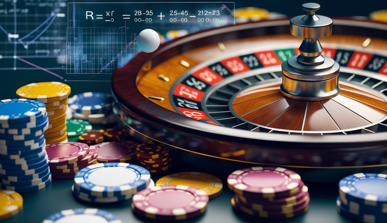 Gambar roda roulette yang berputar dengan bola putih dan tumpukan chip kasino di sekitarnya.