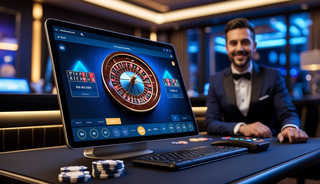 Seorang dealer live yang ramah terlihat di layar komputer dengan roda roulette digital, di meja terdapat chip virtual, menggambarkan pengalaman bermain roulette secara virtual.