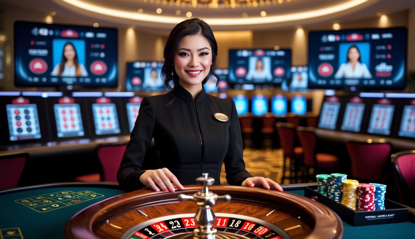 Seorang dealer wanita tersenyum di depan meja roulette dengan roda roulette yang berputar dan layar-layar menampilkan pemain virtual di latar belakang.