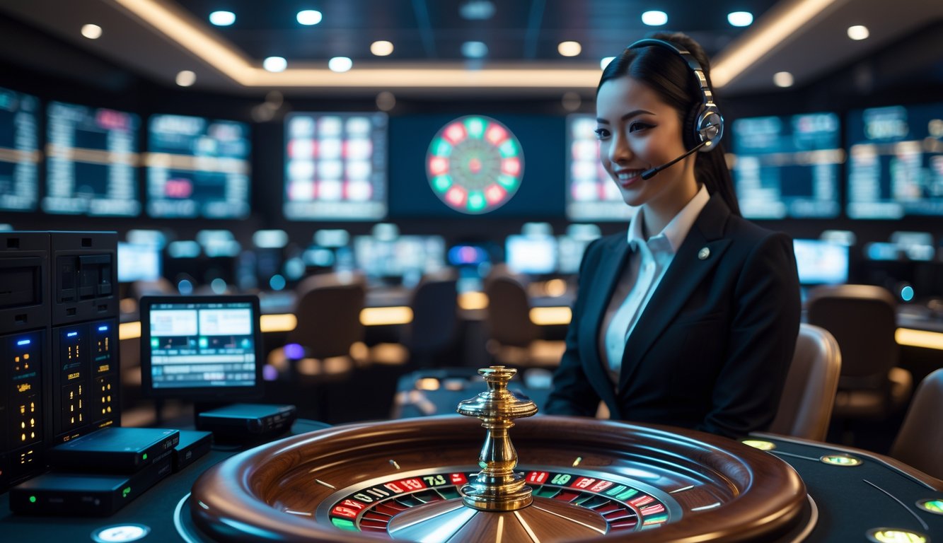 Seorang dealer live streaming di depan roda roulette digital dengan peralatan teknologi dan server di latar belakang.