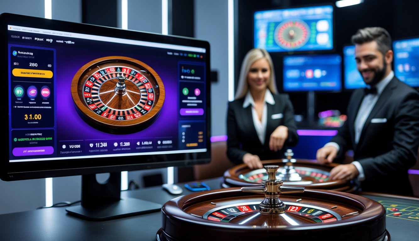 Seorang dealer live sedang bermain roulette dengan roda roulette digital dan peralatan streaming di studio yang modern.