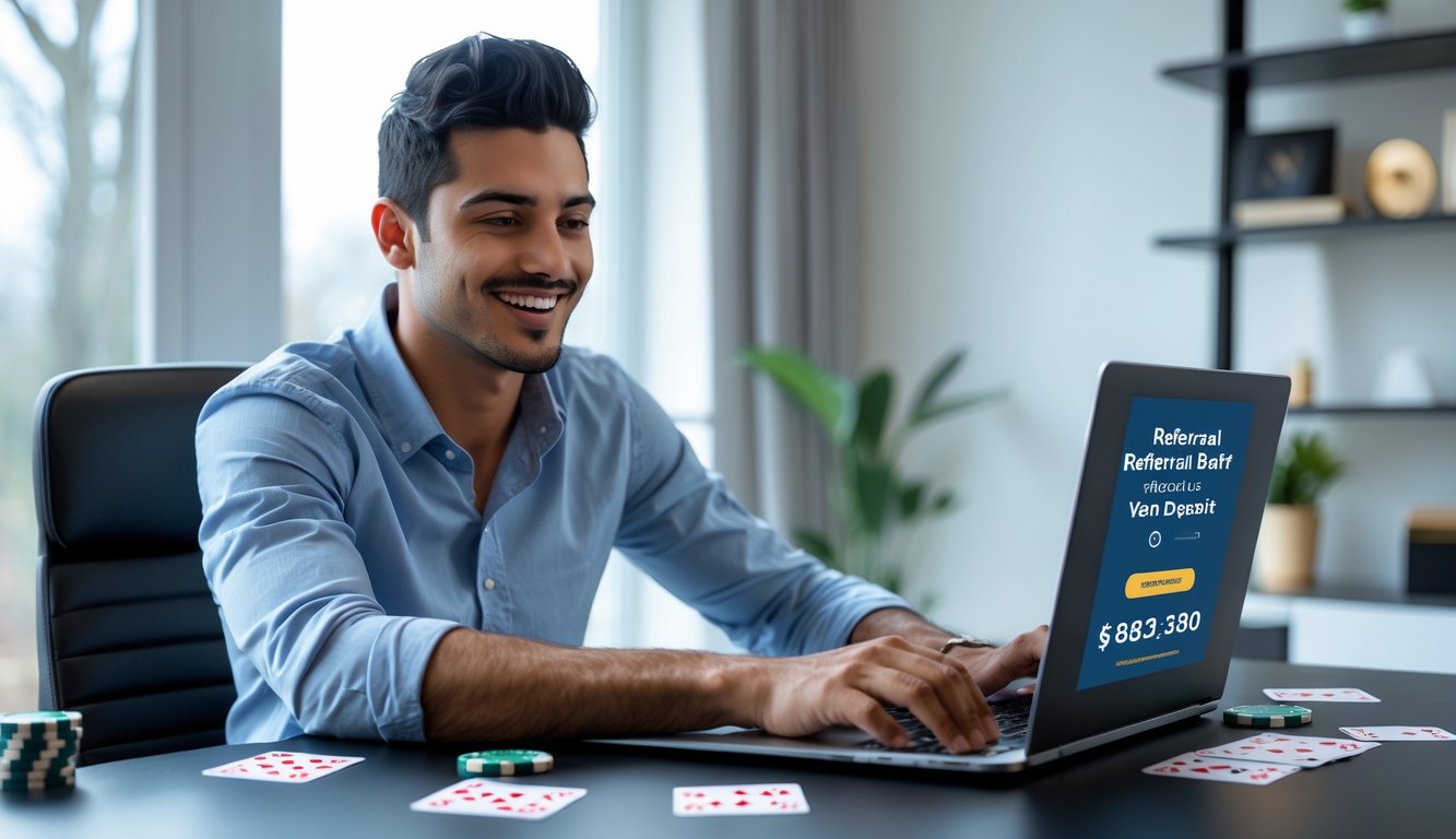Seorang pria muda duduk di meja modern sambil bermain poker online dengan laptop, dikelilingi kartu remi dan chip poker, terlihat senang dan puas.