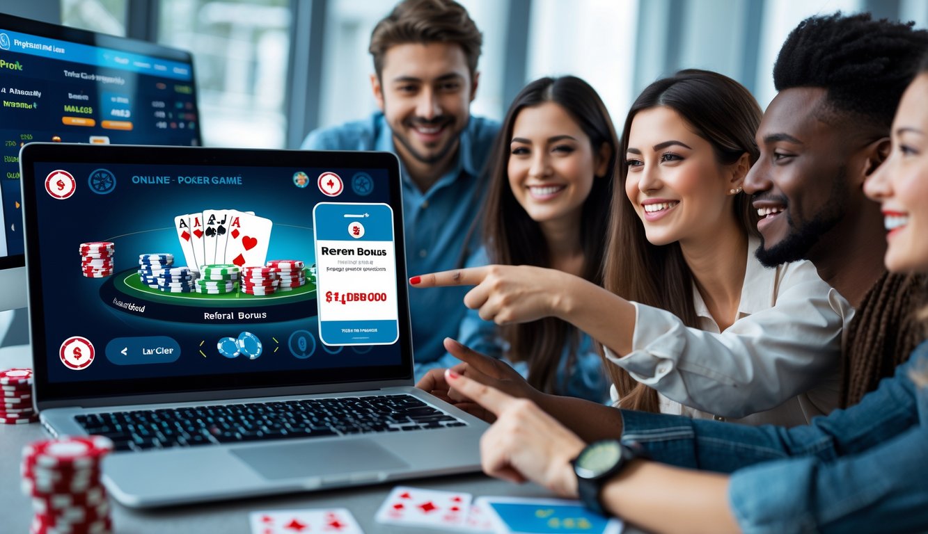 Sekelompok orang muda sedang berdiskusi di depan laptop yang menampilkan permainan poker online dan notifikasi bonus referral di ponsel.