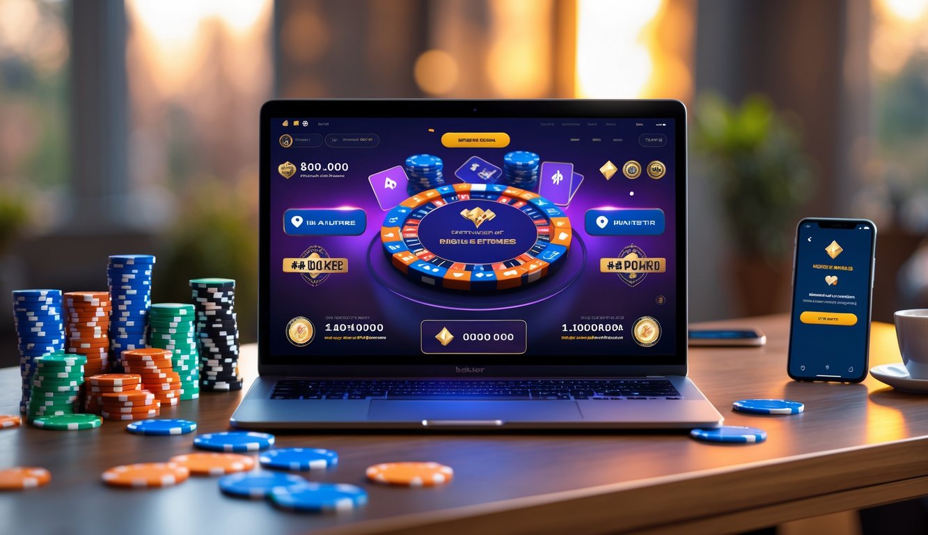 Seorang pemain poker online menggunakan laptop dengan tumpukan chip poker di meja dan ponsel yang menampilkan notifikasi bonus.
