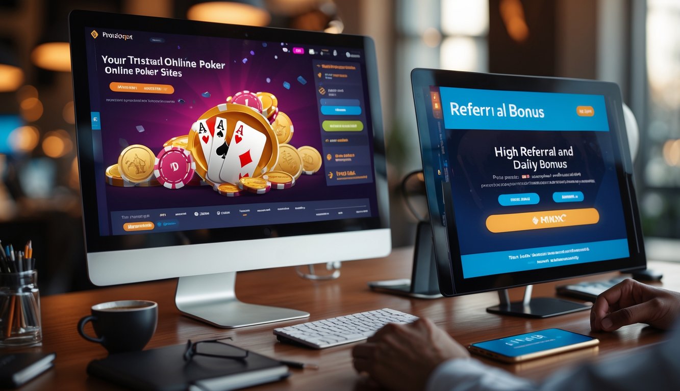 Seorang pemain poker online sedang menggunakan komputer dan ponsel dengan tampilan permainan poker dan notifikasi bonus di meja kerja yang rapi.