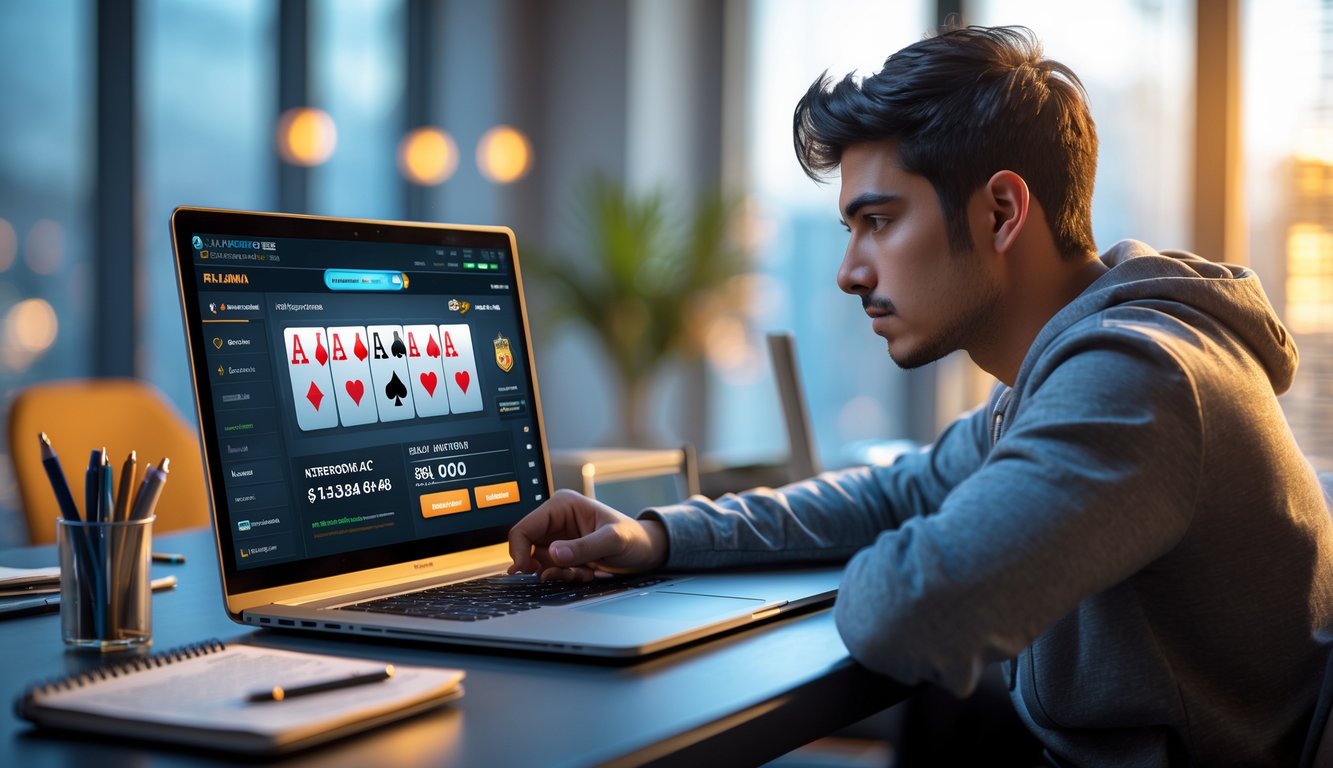 Seorang dewasa muda duduk di meja modern dengan laptop terbuka menampilkan permainan poker online, di sekitarnya terdapat buku catatan dan ponsel dengan notifikasi bonus.