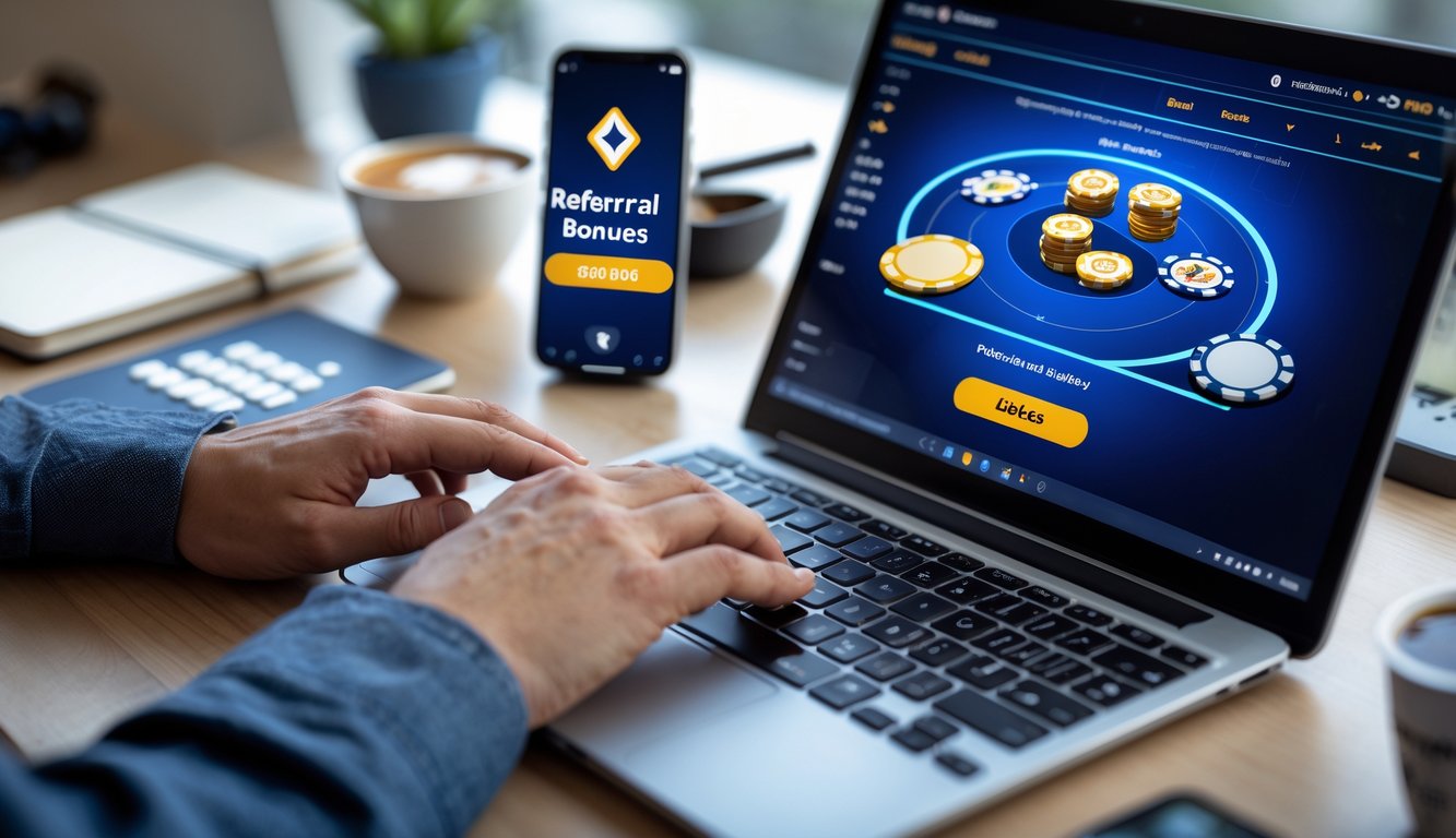 Seseorang sedang menggunakan laptop dengan tampilan permainan poker online dan ponsel yang menampilkan notifikasi bonus referral di meja kerja yang rapi.
