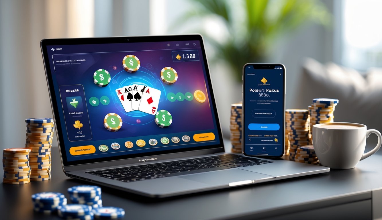 Seorang pria duduk di depan komputer dengan permainan poker online terbuka, ada tumpukan chip poker dan ponsel di meja.