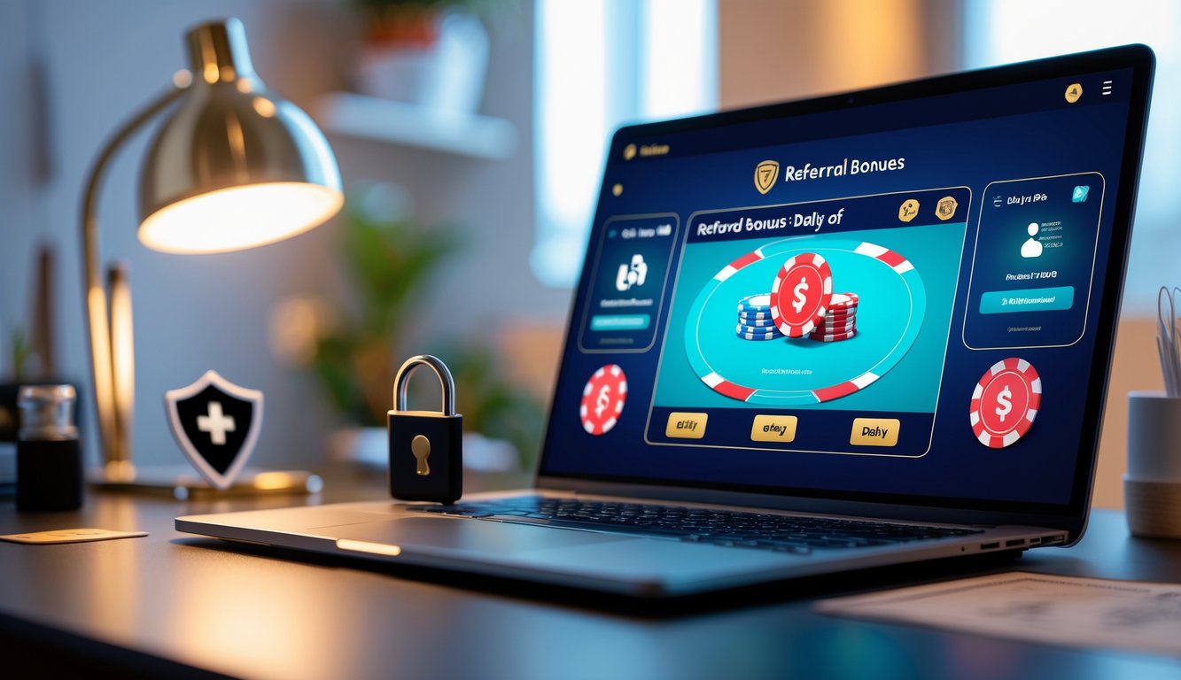 Meja kerja dengan laptop menampilkan permainan poker online, dikelilingi simbol keamanan dan kepercayaan seperti gembok dan sertifikat.