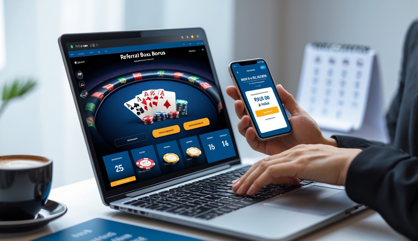 Meja kerja dengan laptop yang menampilkan permainan poker online, smartphone dengan notifikasi bonus, dan tangan seseorang yang sedang berinteraksi dengan perangkat tersebut.